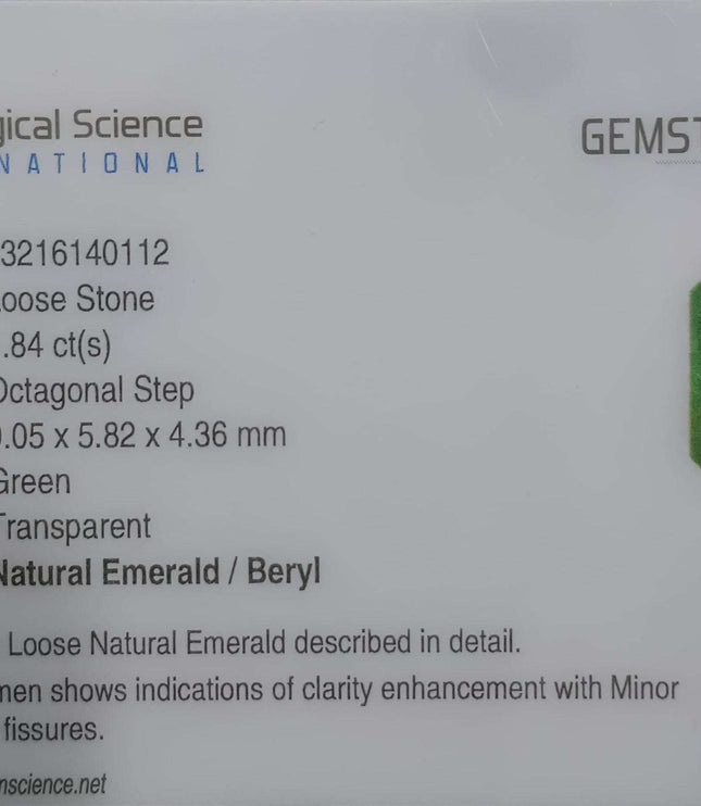 Natural Emerald 1.84ct Certified Zambian Origin Loose Gemstone