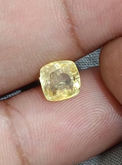 GSI Certified 1.93ct Cushion Cut Yellow Ceylon Sapphire, 100% Natural Untreated Gemstone