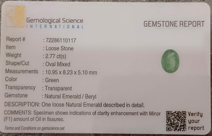 GSI Certified 2.77ct Zambian Emerald, 100% Natural Gem