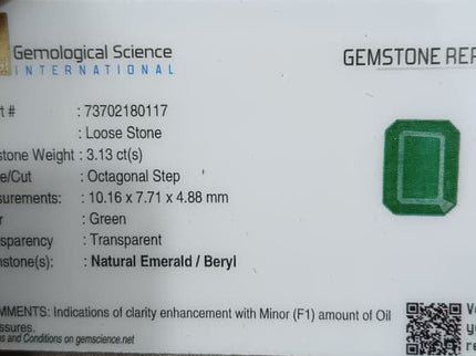 Natural Zambian Emerald 3.13ct Certified Medium Green Octagon Cut Loose Gemstone