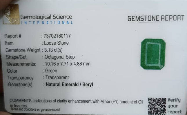 Natural Zambian Emerald 3.13ct Certified Medium Green Octagon Cut Loose Gemstone
