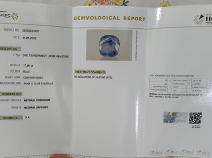 17.96ct Untreated Blue Sapphire Natural IIGJ Certified Burmese Cushion Cut Gemstone