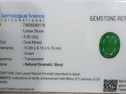 Grass Green Zambian Emerald 3.00ct Natural Certified Oval Cut Loose Gemstone