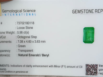Vivid Green Zambian Emerald 0.98ct Natural Certified Octagon Cut Loose Gemstone