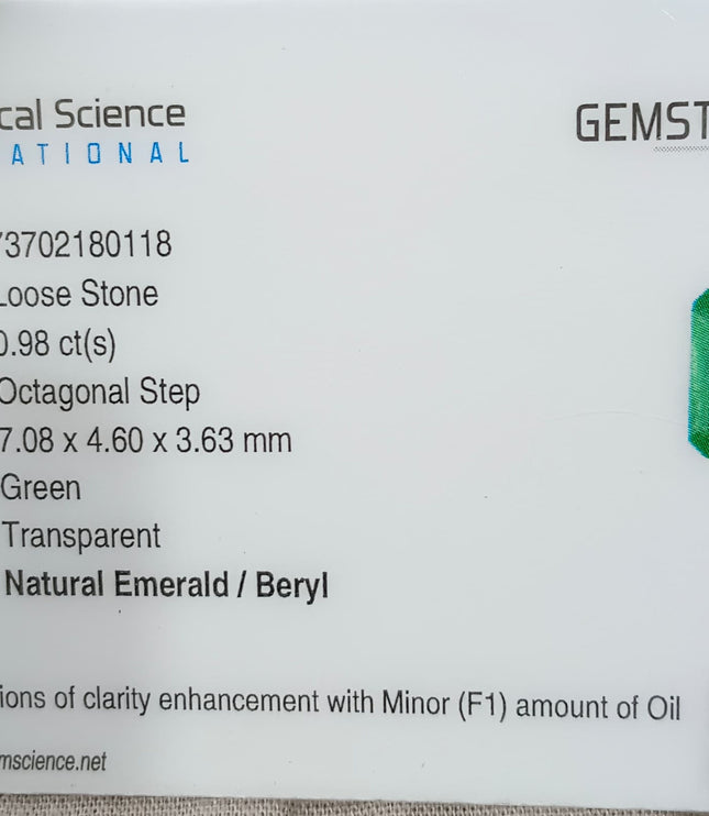 Vivid Green Zambian Emerald 0.98ct Natural Certified Octagon Cut Loose Gemstone