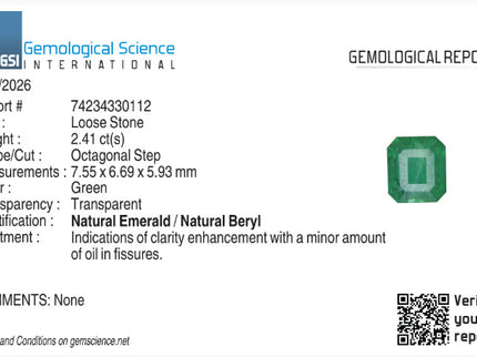 2.41ct Natural Emerald Vivid Green GSI Certified Octagon Cut Gemstone