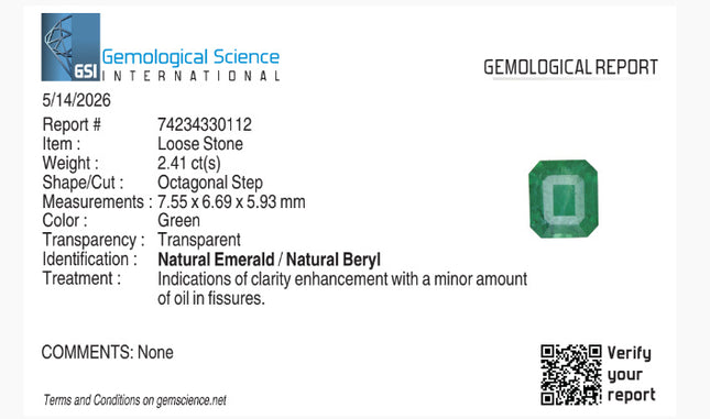 2.41ct Natural Emerald Vivid Green GSI Certified Octagon Cut Gemstone