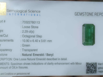 2.29ct Quality Natural Emerald, Certified Zambian Origin Octagon Cut Stone