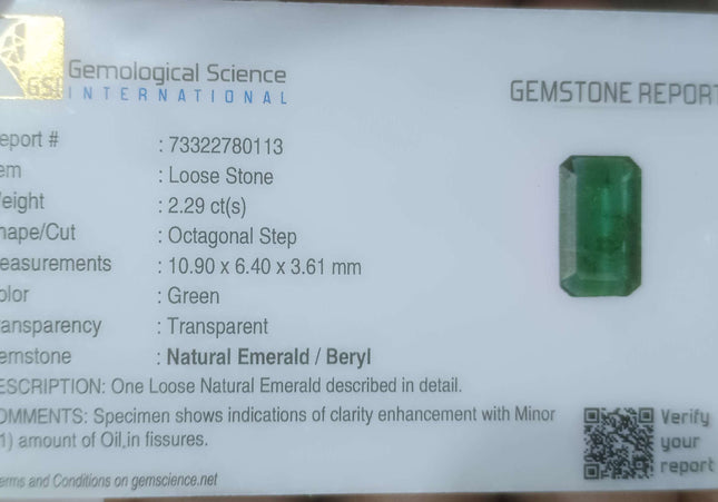 2.29ct High Quality GSI USA Certified Vivid Green Zambian Emerald Minor Oiled Loose Gemstone