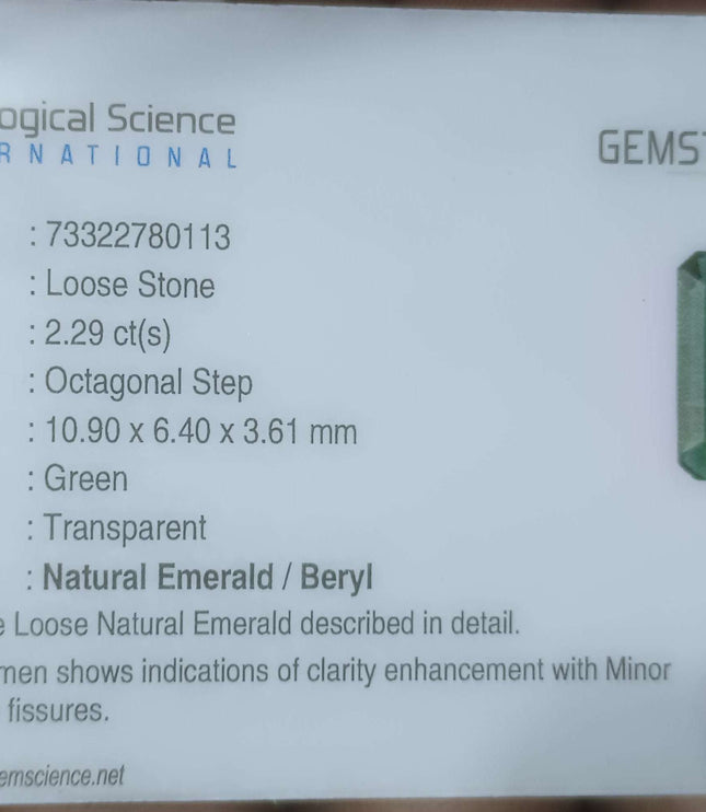 2.29ct Quality Natural Emerald, Certified Zambian Origin Octagon Cut Stone
