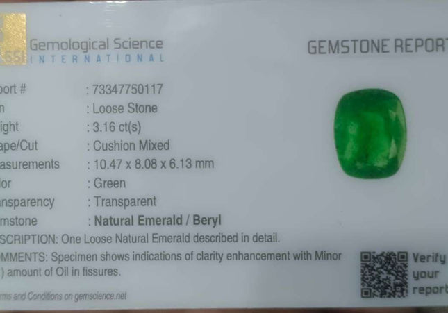 3.16ct GSI Certified Vivid Medium Deep Green Swat Emerald Minor Oiled Loose Gemstone