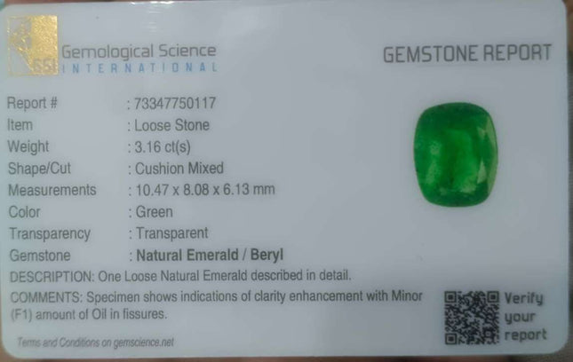 3.16ct Swat Emerald, Certified Natural Vivid Green Stone