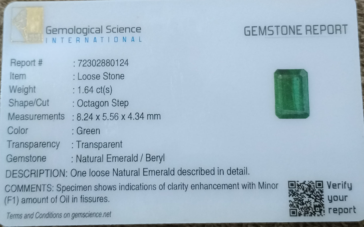 GSI Certified 1.64ct AAA Grade Zambian Emerald , 100% Natural Earth Mined Gem.