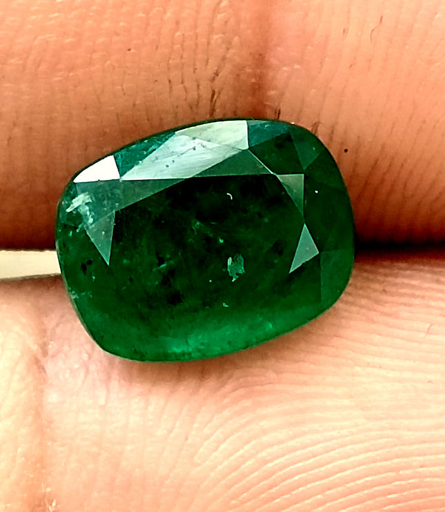 Dark Green 4.42ct Zambian Emerald, Certified Natural Cushion Cut Loose Gemstone