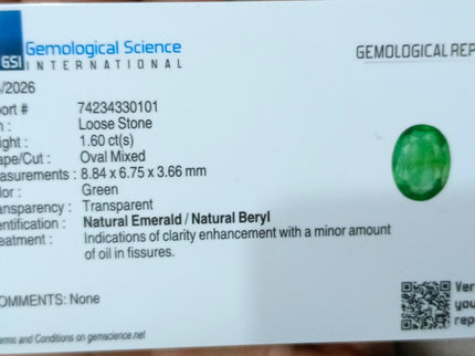 1.60ct Natural Emerald Medium Deep Green GSI Certified Zambian Oval Cut Gemstone