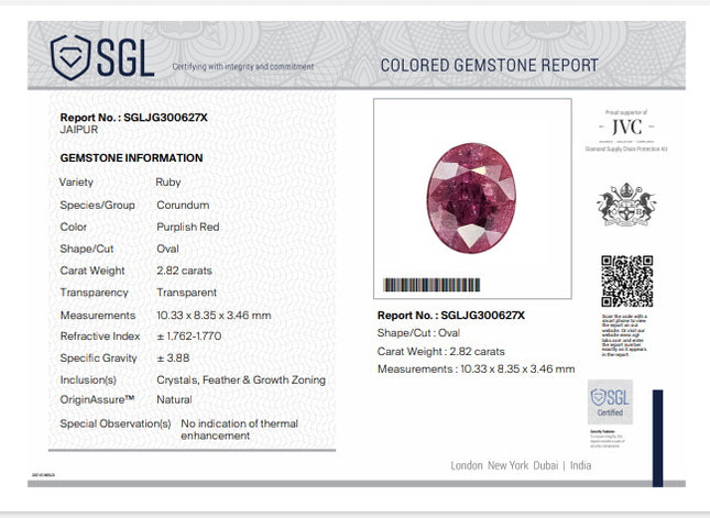 2.82ct Unheated Natural Ruby SGL Certified Mozambique Purplish Red Oval Cut Loose Gemstone