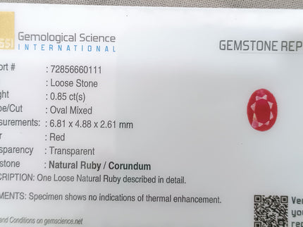 GSI Certified 0.85ct Blood Red Ruby, Natural Untreated Gemstone