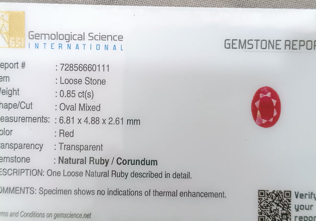 GSI Certified 0.85ct Blood Red Ruby, Natural Untreated Gemstone