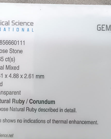 GSI Certified 0.85ct Blood Red Ruby, Natural Untreated Gemstone