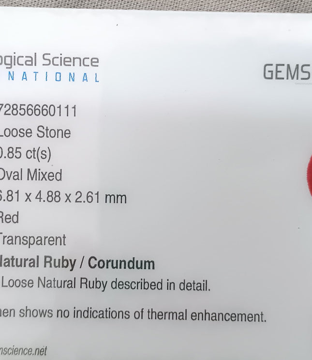 GSI Certified 0.85ct Blood Red Ruby, Natural Untreated Gemstone