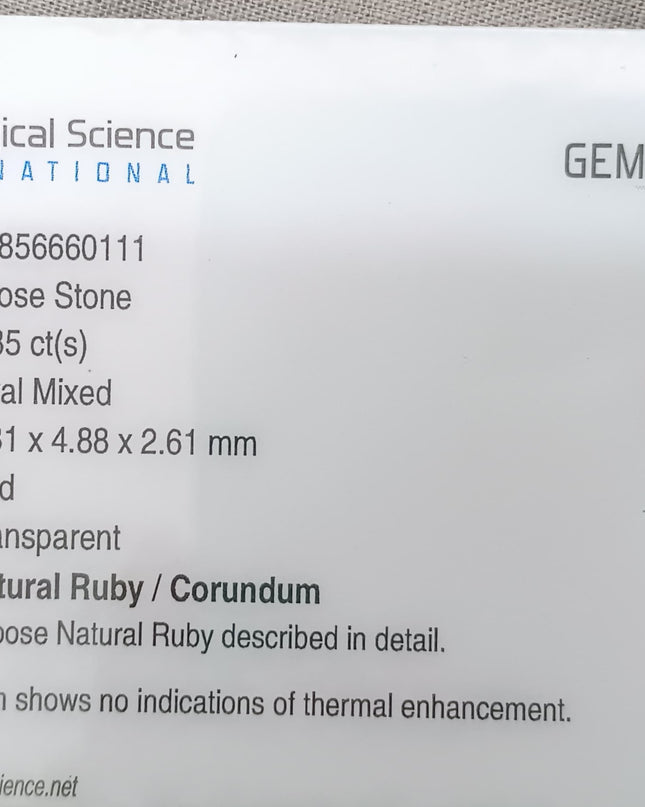 GSI Certified 0.85ct Blood Red Ruby, Natural Untreated Gemstone