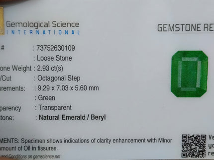 2.93ct Zambian Emerald, Natural Certified Medium bluish Green Octagon Cut Gemstone