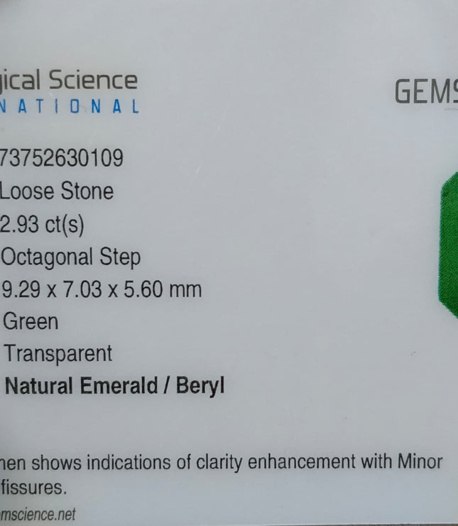 2.93ct Zambian Emerald, Natural Certified Medium bluish Green Octagon Cut Gemstone