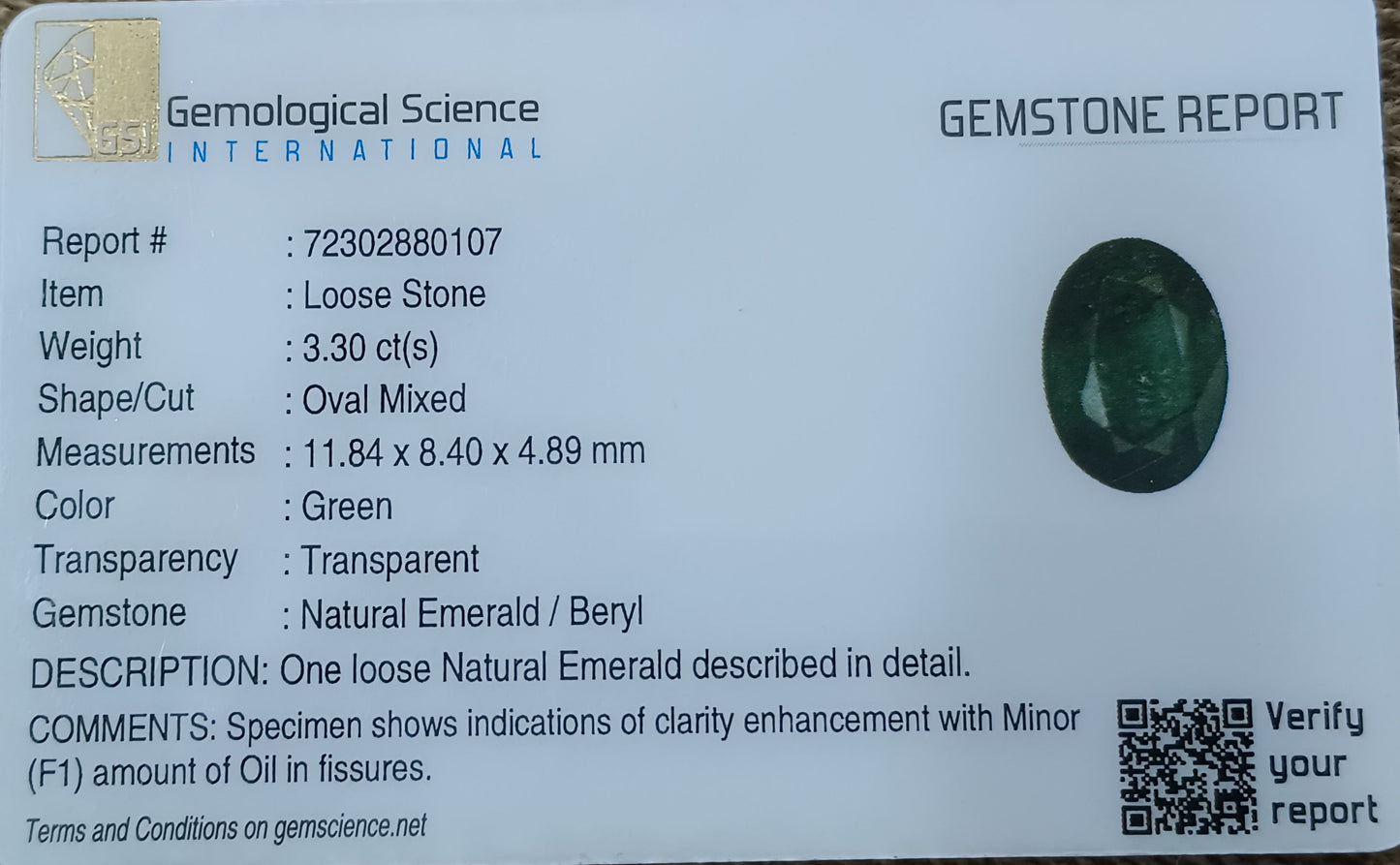 GSI Certified 3.30ct Deep Vibrant Green Zambian Emerald, 100% Natural Gemstone