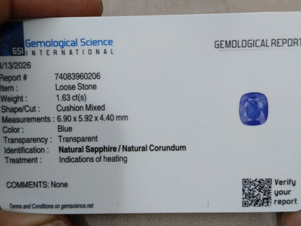 Natural Blue Sapphire 1.63ct Certified Medium Deep Color Sri Lanka Cushion Cut Loose Gemstone