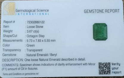 GSI Certified 3.67ct Medium Deep Green Zambian Emerald , 100% Natural Earth Mined Gemstone.