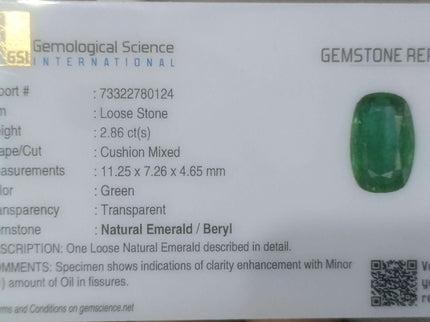 2.86ct Certified Zambian Natural Emerald Stone