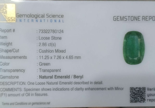 2.86ct GSI Certified Medium Shamrock Green Zambian Emerald