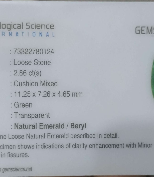 2.86ct Certified Zambian Natural Emerald Stone