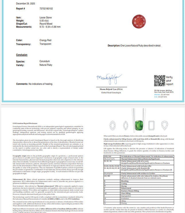 Burmese Ruby 5.00ct Certified Pigeon Blood Red Round Cut Unheated Loose Gemstone