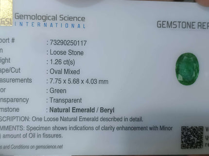 Certified 1.26ct Natural Zambian Emerald Medium Bright Green Oval Cut Loose Gemstone