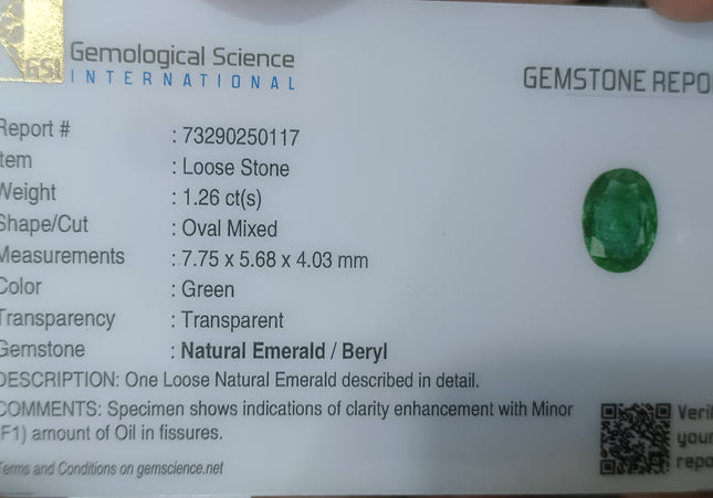 GSI Certified 1.26ct Medium Bright Green Natural Zambian Emerald Minor Oiled Loose Gemstone