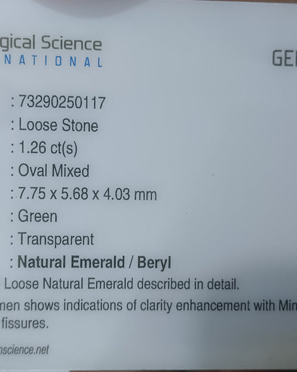 GSI Certified 1.26ct Medium Bright Green Natural Zambian Emerald Minor Oiled Loose Gemstone