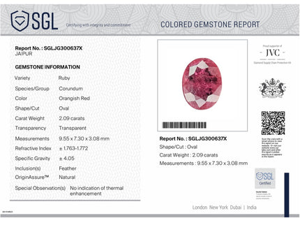2.09ct Unheated Ruby Mozambique Natural Deep Orangish Red SGL Certified Loose Gemstone