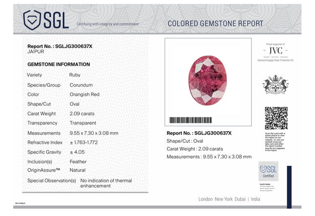 2.09ct Unheated Ruby Mozambique Natural Deep Orangish Red SGL Certified Loose Gemstone