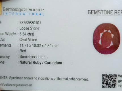 Mozambique Ruby 5.54ct Natural Red Oval Cut Unheated Certified Loose Gemstone
