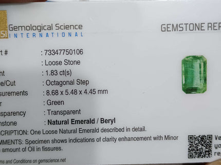1.83ct Natural Emerald GSI Certified Octagon Cut Minor Oiled Loose Gemstone