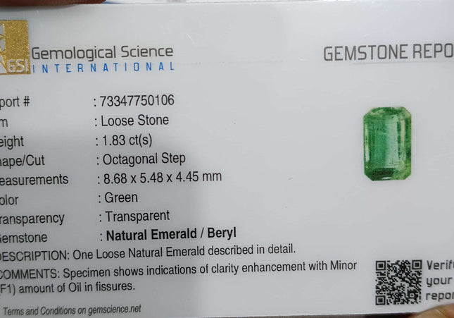 GSI Certified 1.83ct Medium Green Zambian Emerald Minor Oiled Loose Gemstone