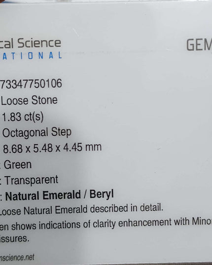 GSI Certified 1.83ct Medium Green Zambian Emerald Minor Oiled Loose Gemstone