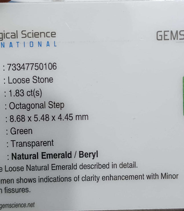 Certified 1.83ct Natural Zambian Emerald