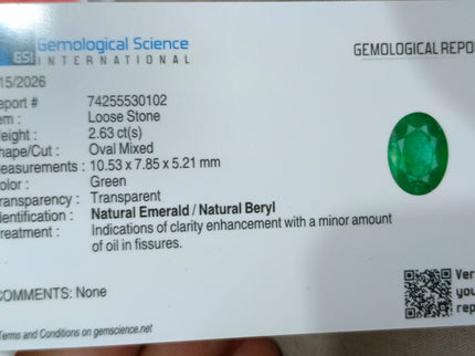 2.63ct Natural Emerald GSI Certified Top Vivid Green Zambian Oval Cut Gemstone