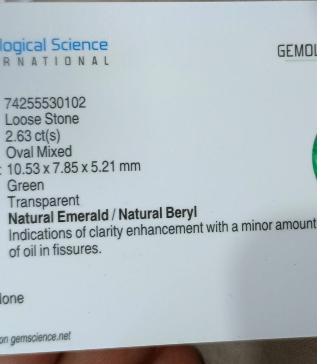 2.63ct Natural Emerald GSI Certified Top Vivid Green Zambian Oval Cut Gemstone