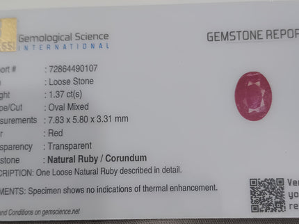 GSI Certified 1.37ct Mozambique Ruby, Natural Untreated Gemstone