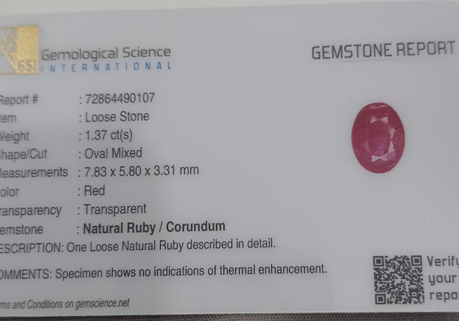 GSI Certified 1.37ct Mozambique Ruby, Natural Untreated Gemstone