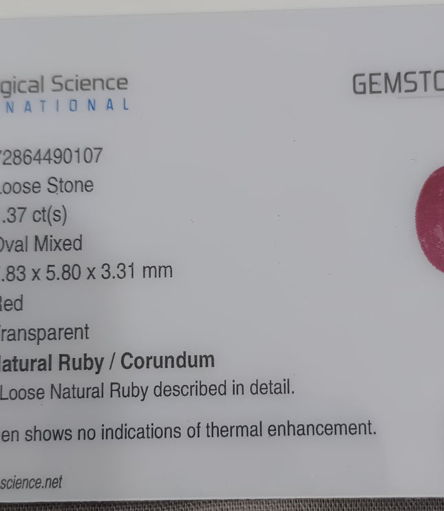 GSI Certified 1.37ct Mozambique Ruby, Natural Untreated Gemstone