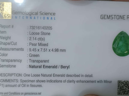 Natural Zambian Emerald 2.14ct Vivid Green Pear Cut Gemstone.